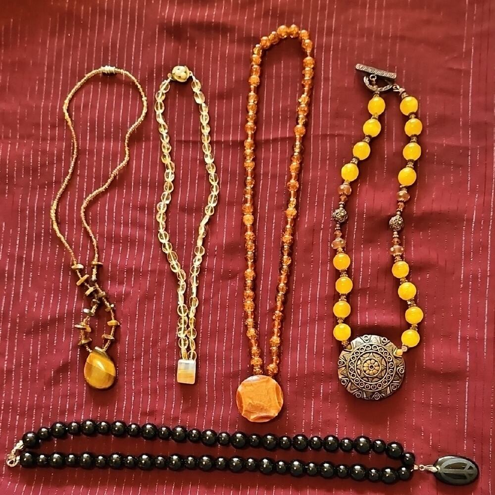 5 Assorted Handmade Gold/Orange Necklaces with Unique Pendants